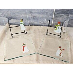 Pampered Chef Lot of 4 Christmas Snowman Appetizer Dessert Square Glass Plates